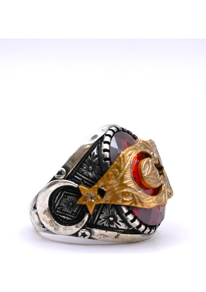 925 Ayar Gümüş Kırmızı Yakut Taşlı Türk Bayraklı Erkek Yüzük fiyatları