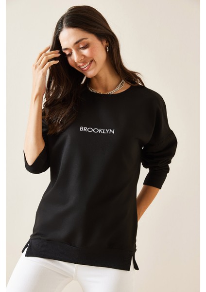 Siyah Brooklyn Basklı Sweatshirt 5KXK8-49027-02