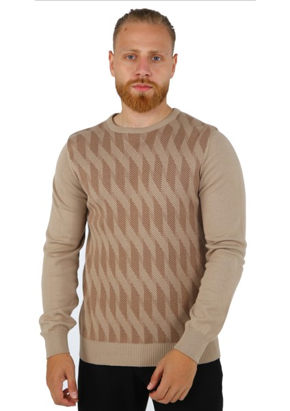 Brg Vizon Renk Desenli Erkek Basic Triko-Kazak BRG21174-0070