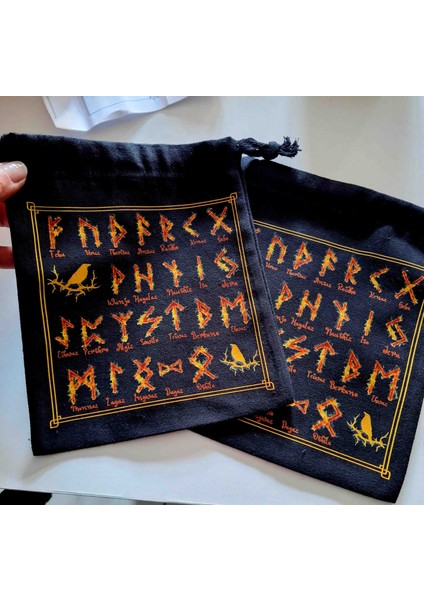 Alev Görünümlü Rune Alfabe Desenli Tarot ve Kristal Kesesi