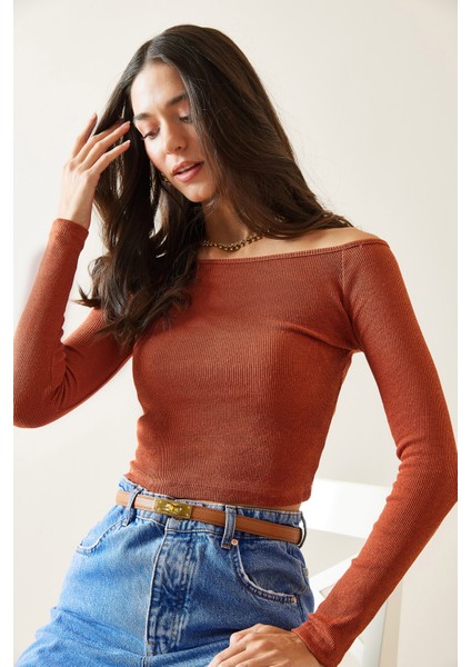 Kiremit Kayık Yaka Crop Kaşkorse Bluz 5YXK2-48293-16