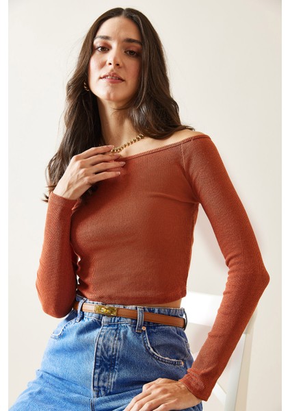 Kiremit Kayık Yaka Crop Kaşkorse Bluz 5YXK2-48293-16 indirimleri