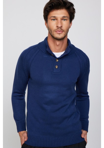 Erkek Slim Fit Dar Kesim Dik Yaka Düğmeli Lacivert Triko Kazak fiyatları