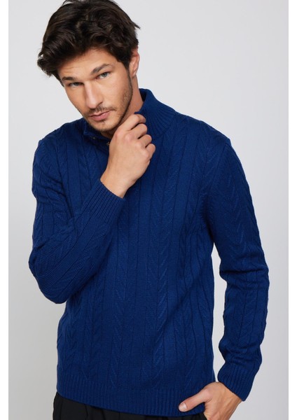 Erkek Slim Fit Dar Kesim Yumuşak Dokulu Desenli Dik Yaka Düğmeli Triko Saks Mavi Kazak