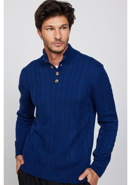 Erkek Slim Fit Dar Kesim Yumuşak Dokulu Desenli Dik Yaka Düğmeli Triko Saks Mavi Kazak fiyatları