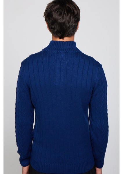 Erkek Slim Fit Dar Kesim Yumuşak Dokulu Desenli Dik Yaka Düğmeli Triko Saks Mavi Kazak indirimleri