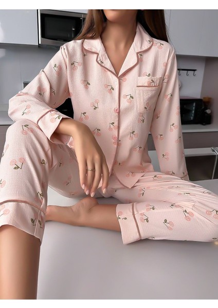 Pembe Kiraz Baskılı Uzun Pijama Takımı