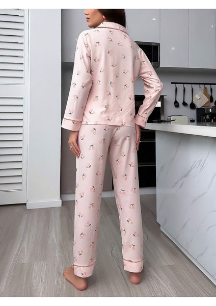 Pembe Kiraz Baskılı Uzun Pijama Takımı fiyatları
