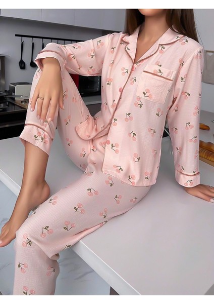 Pembe Kiraz Baskılı Uzun Pijama Takımı modelleri