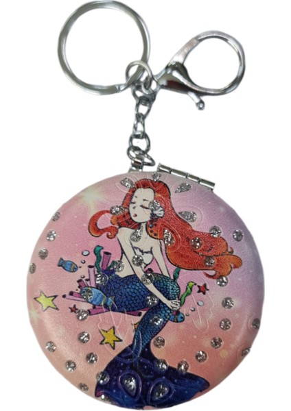 El Aynası - Anahtarlıklı Deniz Kızı Desenli Katlanır Makyaj Aynası - Cep, Çanta Aynası