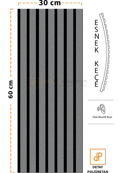 Detay Poliüretan Mdf Ahşap Akustik Duvar ve Tavan Kaplama Paneli 30 x 60 cm