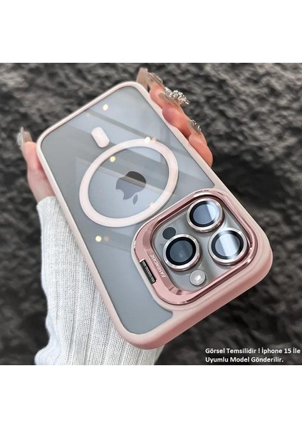iPhone 15 Pro Uyumlu Kılıf Klon Stantlı + Lens Korumalı Magsafe Kapak