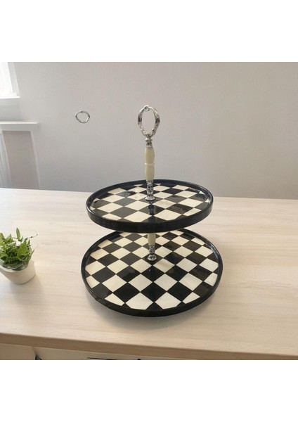 Sunumluk Yuvarlak Çini Dekoratif Handma Dekatlı Stand Damalı Desen