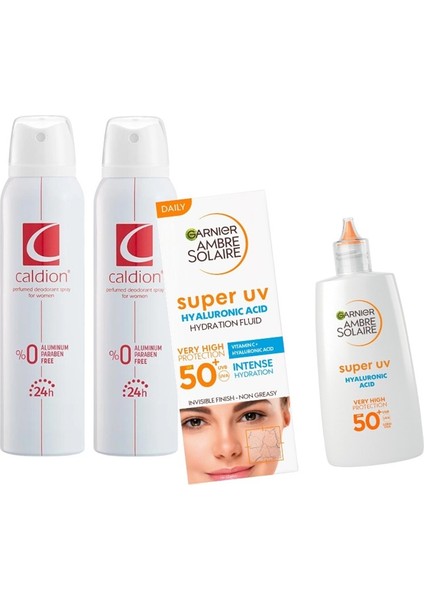 Ambre Solaire Kuruluk Karşıtı Güneş Koruyucu Yüz Kremi SPF50 40 ml + Caldion Kadın Deodorant 150 ml 2 Adet