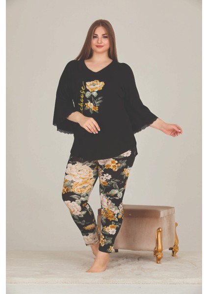 Sarı Çiçek Desenli Büyük Beden Uzun Kollu Pijama Takımı