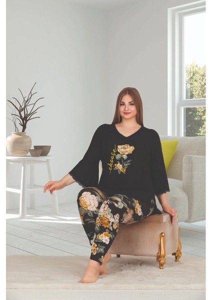 Sarı Çiçek Desenli Büyük Beden Uzun Kollu Pijama Takımı fiyatları