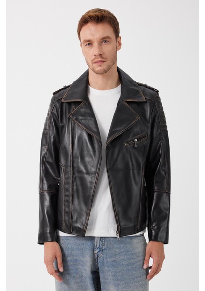 Franco Siyah Vintage Deri Mont