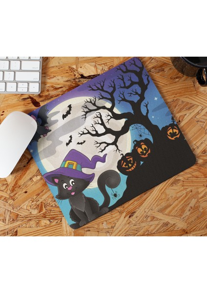Sevimli Kara Kedi Halloween Gecesinde Cadılar Bayramı 11 Hediyelik Baskılı Mousepad