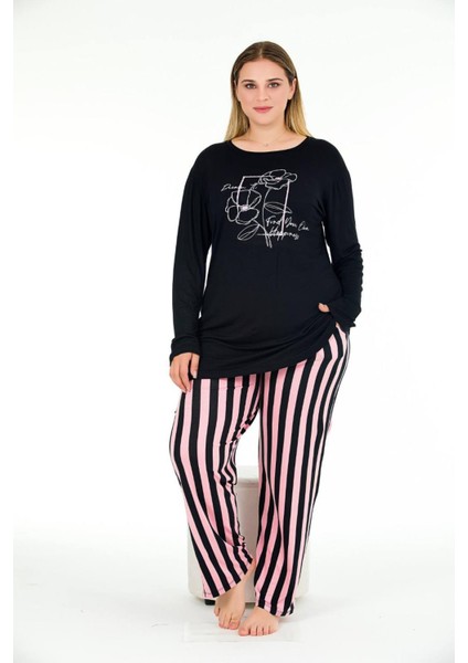 Pembe Çizgili Büyük Beden Uzun Kollu Pijama Takımı