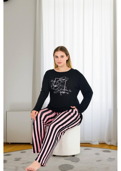 Pembe Çizgili Büyük Beden Uzun Kollu Pijama Takımı fiyatları