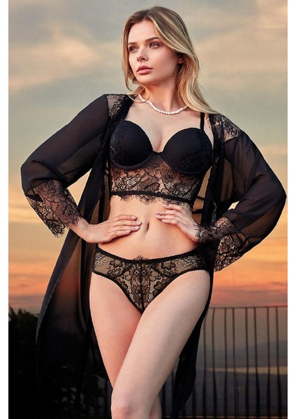 3519 Kadın Dolgulu Sütyen Külot Kimono Takım-Siyah