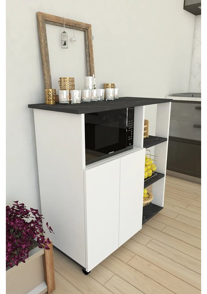 Mikrodalga Fırın Dolabı Çok Amaçlı Çekmeceli Kapaklı Siyah Dolap Raflı Midi Kahve Köşesi