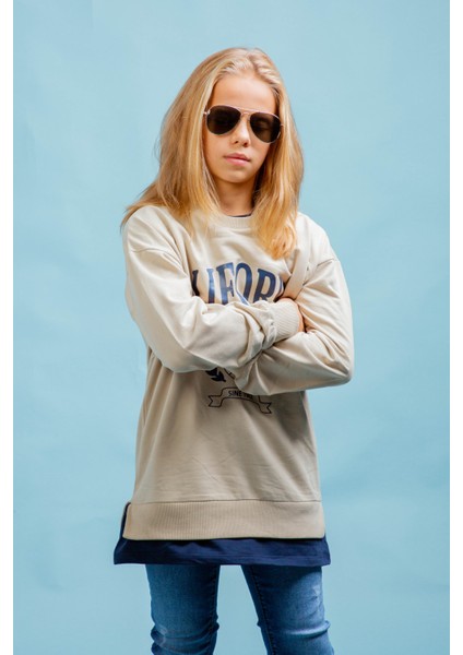 Genç Önü Baskılı T-Shirt Parça Detaylı Sweatshirt