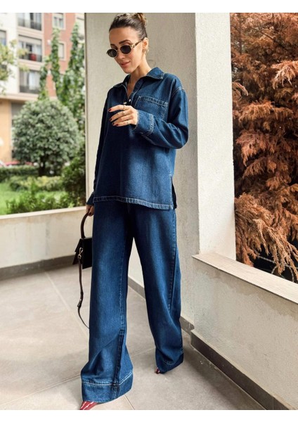 Kadın Özel Seri Denim Pantolon Gömlek Mavi Takım