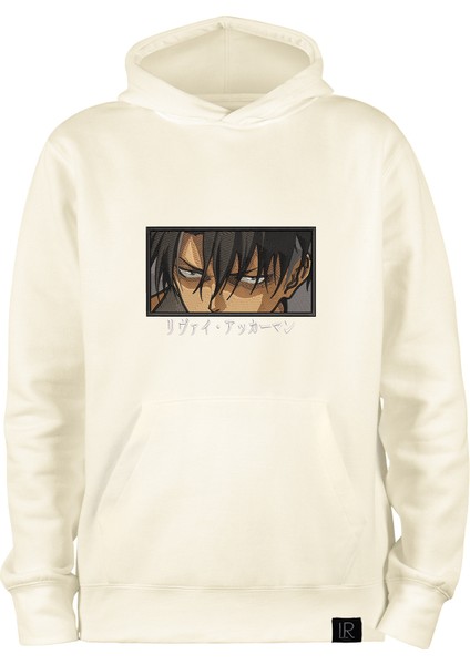 Oversize Krem Anime Unisex Hoodie Levi Ackerman Nakışlı Pamuklu Kapşonlu Sweatshirt Kanguru Cepli