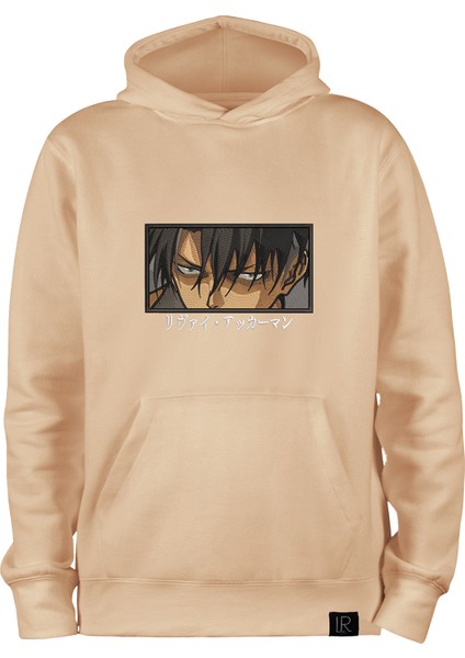 Oversize Bej Anime Unisex Hoodie Levi Ackerman Nakışlı Pamuklu Kapşonlu Sweatshirt Kanguru Cepli