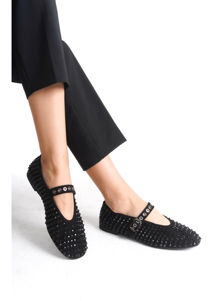 Siyah Hakiki Deri Süet Taşlı Kadın Babet - MCRGN8032 - S