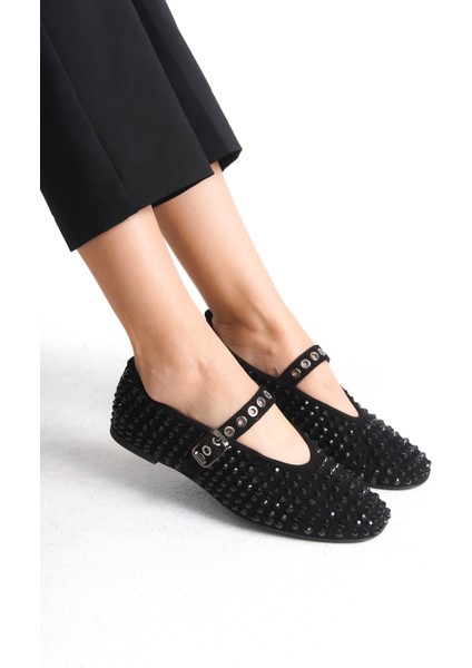 Siyah Hakiki Deri Süet Taşlı Kadın Babet - MCRGN8032 - S modelleri