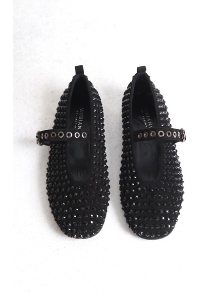 Siyah Hakiki Deri Süet Taşlı Kadın Babet - MCRGN8032 - S fırsatları