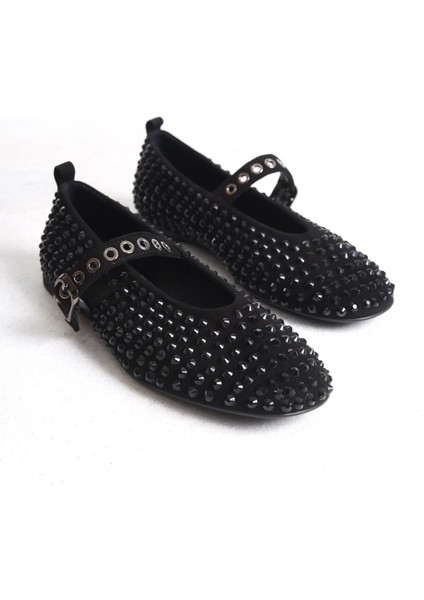 Siyah Hakiki Deri Süet Taşlı Kadın Babet - MCRGN8032 - S indirimleri