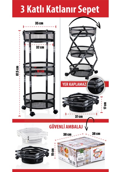 3 Katlı Pratik Katlanır Siyah Renk Tekerlekli Patates Soğanlık - Çok Amaçlı 87,5cm Metal Organizer fiyatları