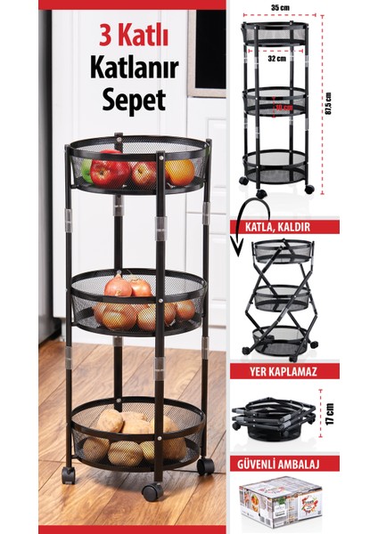 3 Katlı Pratik Katlanır Siyah Renk Tekerlekli Patates Soğanlık - Çok Amaçlı 87,5cm Metal Organizer