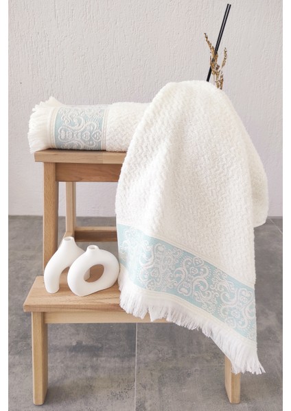 2'li Kabartma Bordürlü & Püsküllü El/Yüz Havlusu - Yumuşak & Süper Emici - 50 x 85 cm - Turkuaz