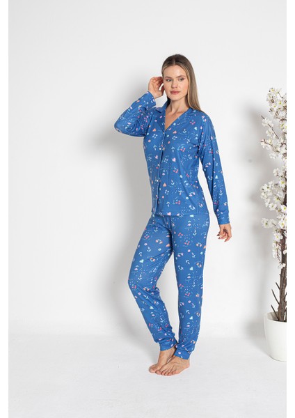 Kadın Termal Önü Düğmeli Pijama Takımı 24490 Mavi