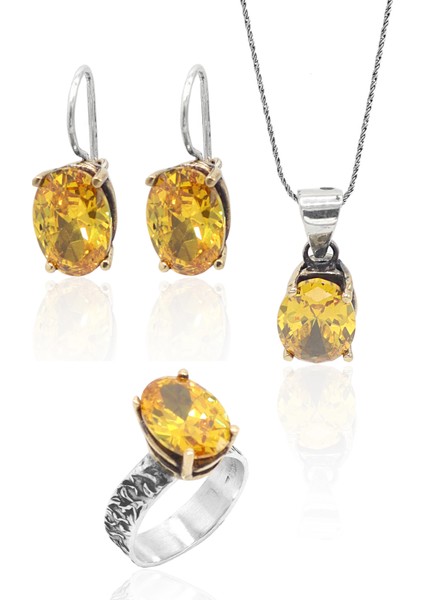 Sitrin Taşlı El Işçiliği Otantik Gümüş Üçlü Set 201023378