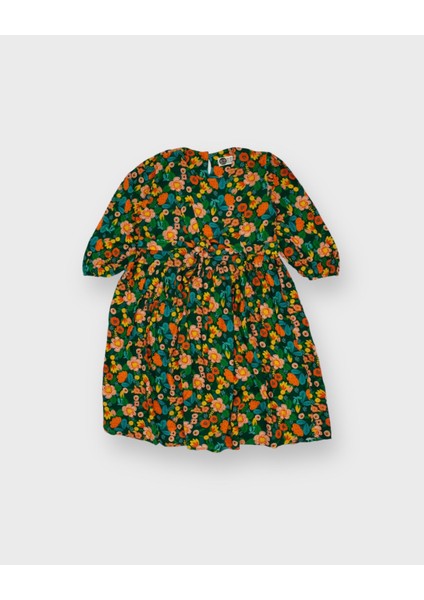 Büzgülü Kemerli ve Tokalı Genç Kız Pamuk Kumaş Elbise