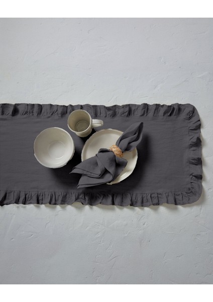 Rufle | Fırfırlı Keten Gri Runner 40 x 110 Cm