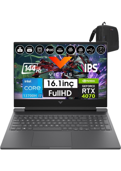 Victus Gaming Laptop 16-R0071NT Intel I7 13700H 32GB Ddr5 4tb SSD 8GB/RTX4070 Freedos 16.1" 144 Hz Fhd IPS Taşınabilir Bilgisayar 88V898EA08+WEBLEGELSINÇANTA