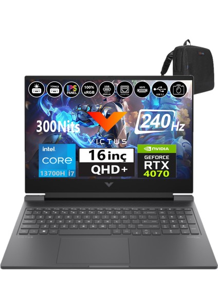 Victus İntel Core i7 13700H 16-R0001NT 96GB Ddr5 2tb SSD 8GB/RTX4070 WINDOWS11HOME 16.1" 240Hz Qhd 3ms 300NİTS Taşınabilir Bilgisayar 77P6E8EA39+WEBLEGELSINÇANTA