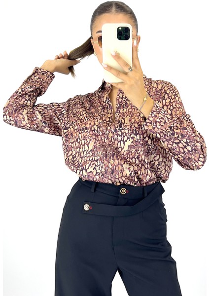 Kadın Pembe Uzun Kollu Desenli Saten Gömlek