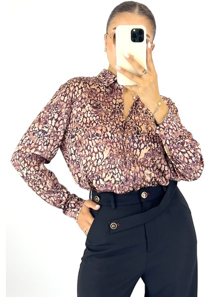 Kadın Pembe Uzun Kollu Desenli Saten Gömlek fiyatları