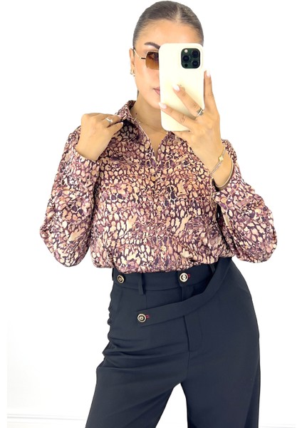 Kadın Pembe Uzun Kollu Desenli Saten Gömlek modelleri