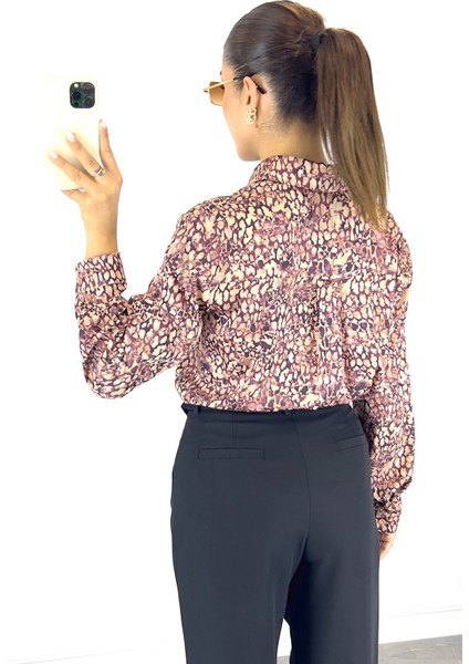 Kadın Pembe Uzun Kollu Desenli Saten Gömlek indirimleri