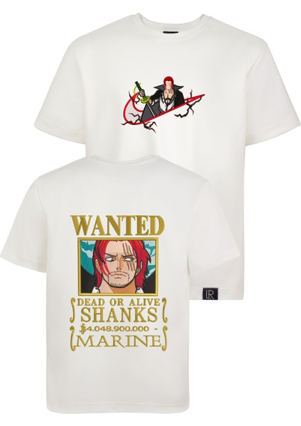 Beyaz Kısa Kollu Pamuklu Shanks One Pıece Ön-Arka Nakışlı Bisiklet Yaka Anime Tişört