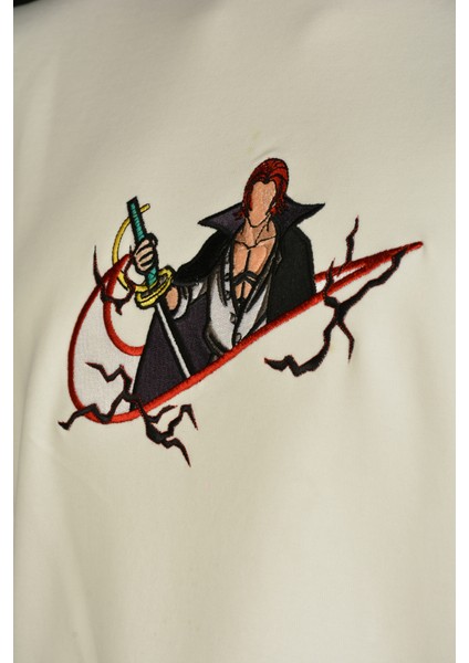 Beyaz Kısa Kollu Pamuklu Shanks One Pıece Ön-Arka Nakışlı Bisiklet Yaka Anime Tişört
