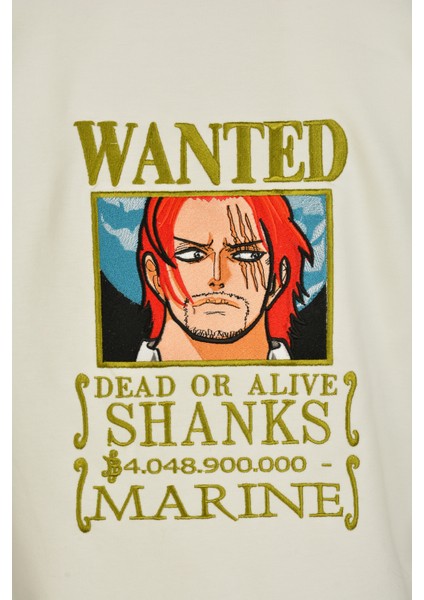 Beyaz Kısa Kollu Pamuklu Shanks One Pıece Ön-Arka Nakışlı Bisiklet Yaka Anime Tişört
